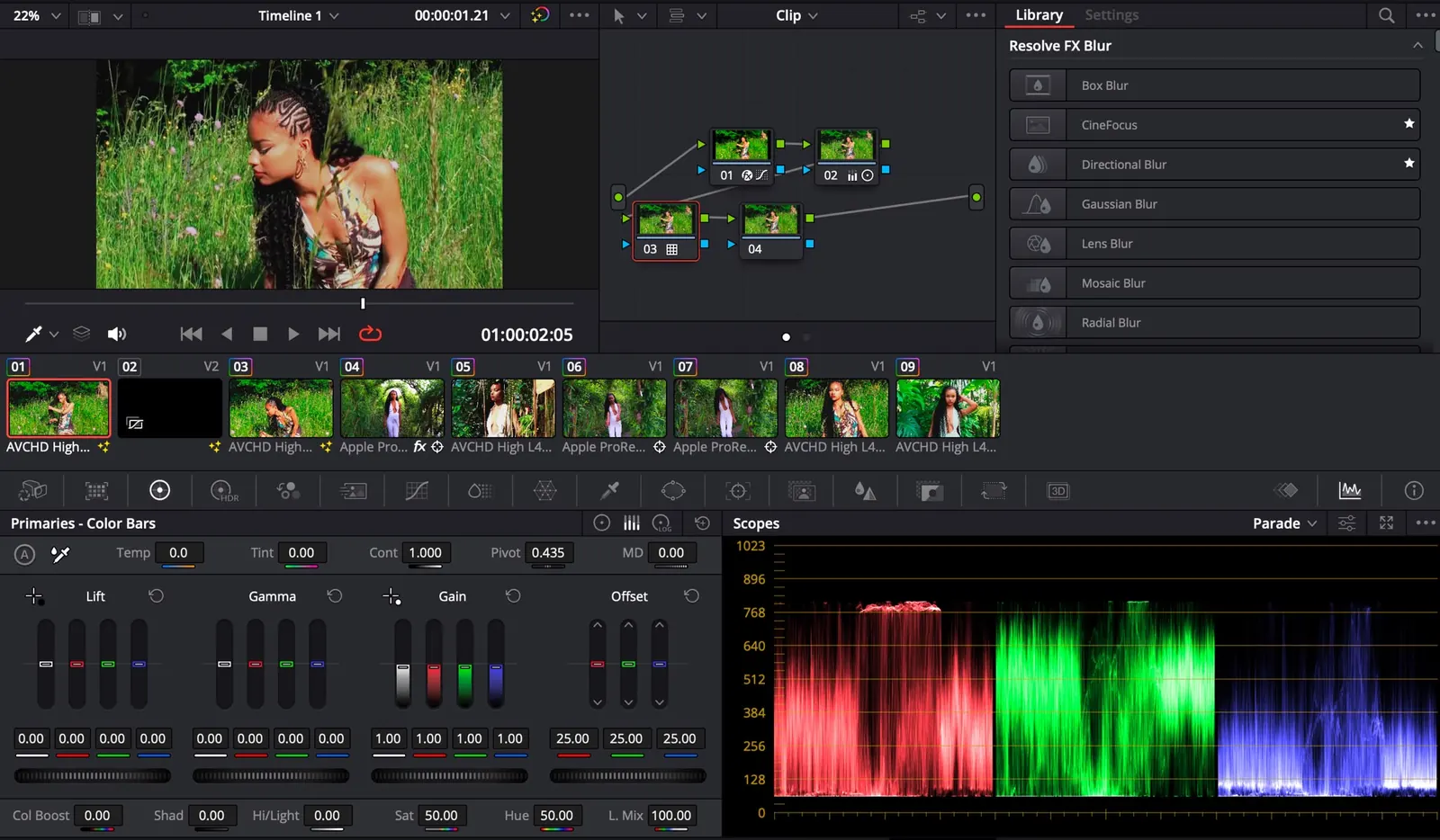 Color-Grading-Oberfläche in DaVinci Resolve mit Nodes, Primaries und RGB-Parade